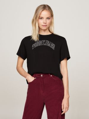 black boxy fit t-shirt mit logo-applikation für damen - tommy jeans