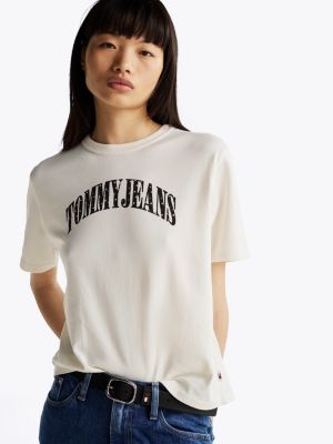 beige logo appliqué boxy t-shirt for women tommy jeans