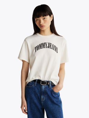 beige logo appliqué boxy t-shirt for women tommy jeans