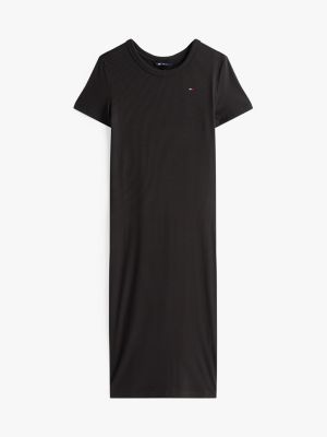 schwarz geripptes bodycon-kleid in midi-länge für damen - tommy jeans