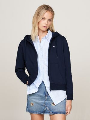 blue drawstring neck zip-thru hoody for women tommy jeans