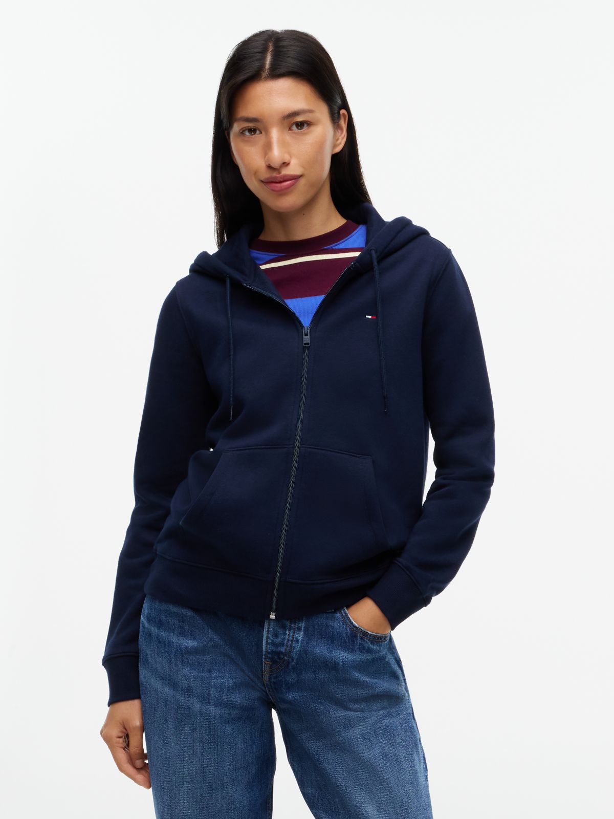 Flag Embroidery Fleece Zip-Thru Hoody — Blue