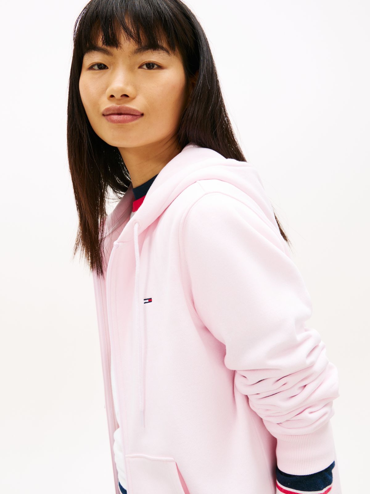 Flag Embroidery Fleece Zip-Thru Hoody — Pink