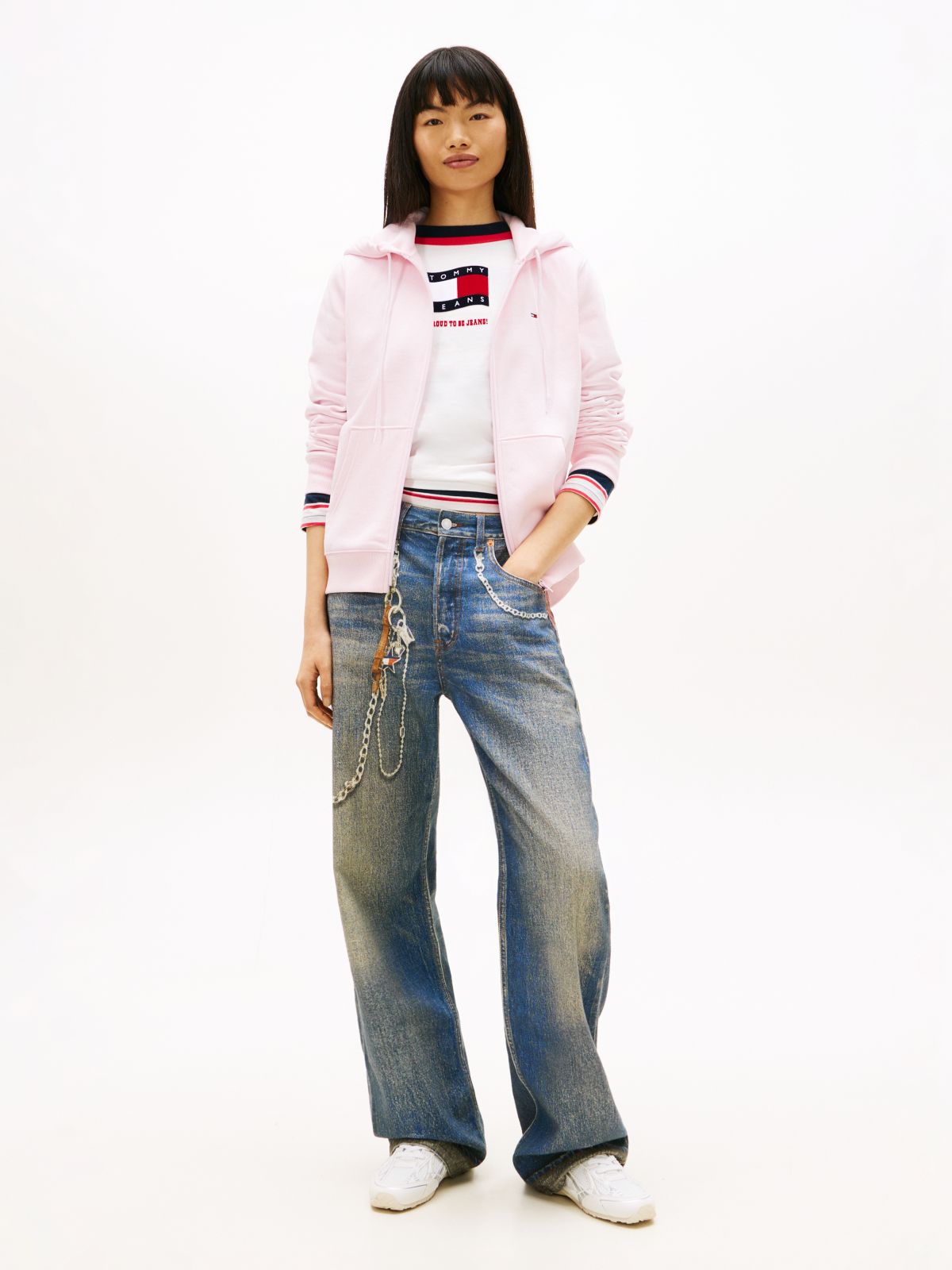 Flag Embroidery Fleece Zip-Thru Hoody — Pink
