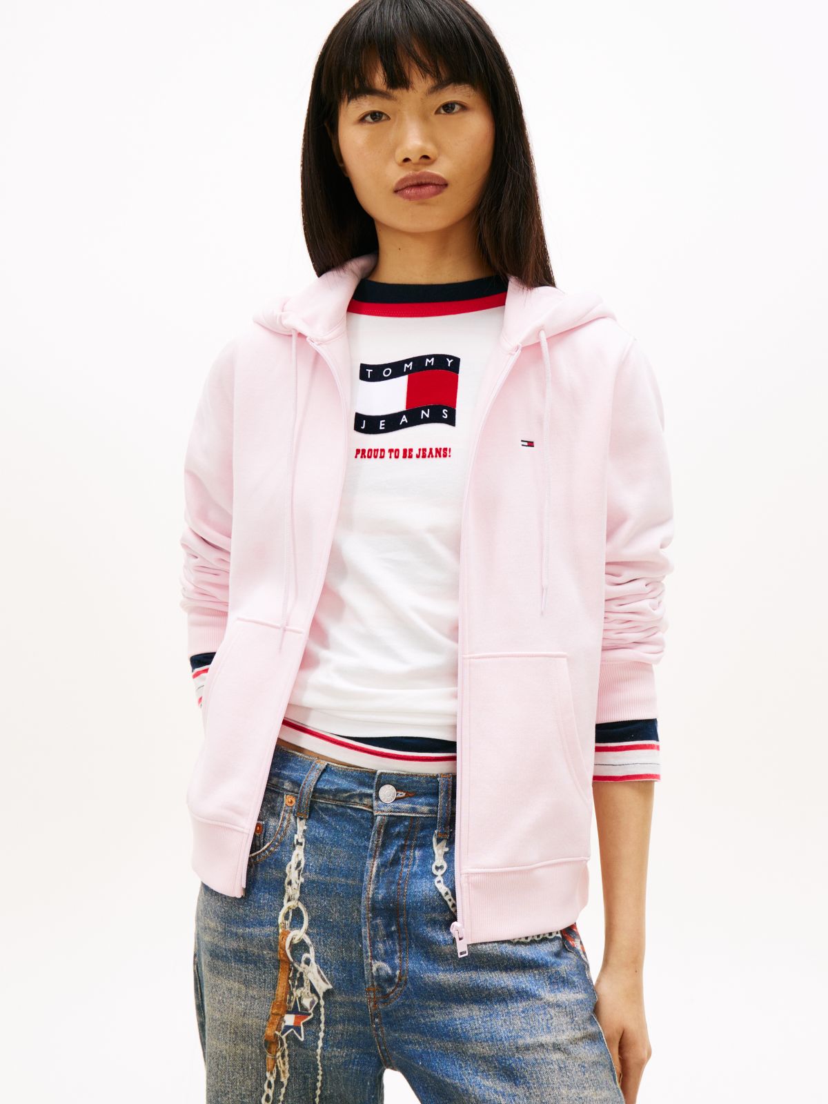 Flag Embroidery Fleece Zip-Thru Hoody — Pink