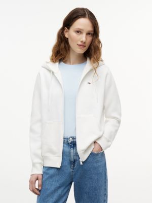 felpa in spugna con cappuccio, zip e logo white da donne tommy jeans