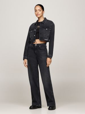 black glitter cropped boxy denim jacket for women tommy jeans