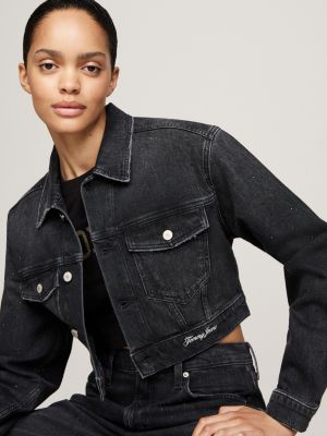 black glitter cropped boxy denim jacket for women tommy jeans