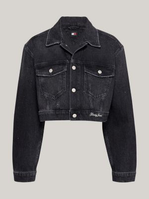 black glitter cropped boxy denim jacket for women tommy jeans