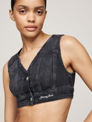 grey glitter cropped denim vest for women tommy jeans