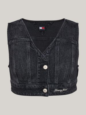 gilet court sans manches en denim pailleté gris pour femmes tommy jeans