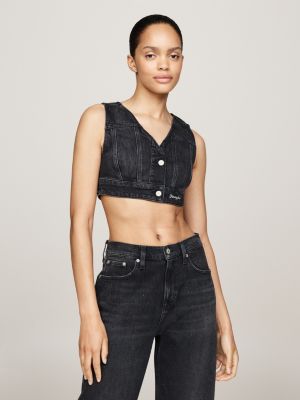 grau cropped fit jeansweste mit glitzer-finish für damen - tommy jeans