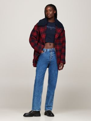 red tartan check peacoat with wool for women tommy jeans