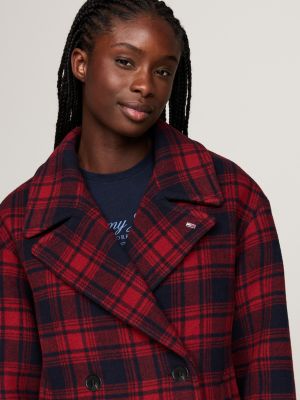 red tartan check peacoat with wool for women tommy jeans