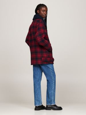 red tartan check peacoat with wool for women tommy jeans