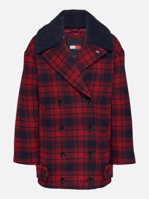 red tartan check peacoat with wool for women tommy jeans