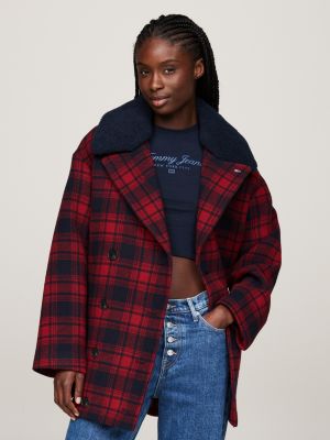 red tartan check peacoat with wool for women tommy jeans