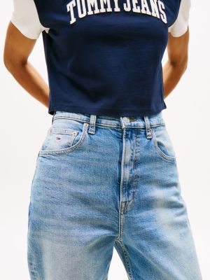 blue ultra high rise tapered mom jeans for women tommy jeans