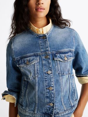 blau trucker-jeansjacke ohne kragen für damen - tommy jeans