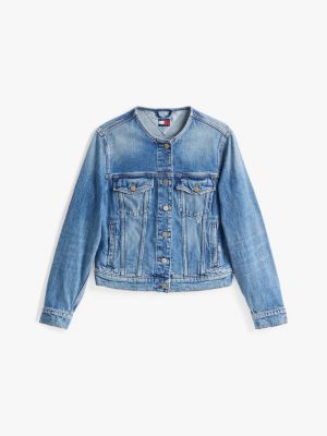 blau trucker-jeansjacke ohne kragen für damen - tommy jeans