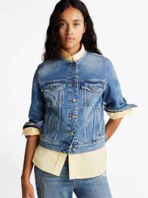 blue collarless denim trucker jacket for women tommy jeans