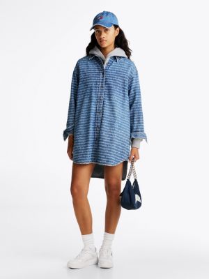 blue relaxed mini-overhemdjurk van denim voor dames - tommy jeans