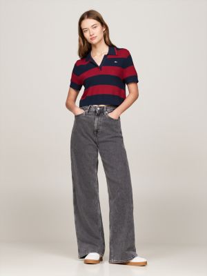 rood cropped boxy polo met strepen voor dames - tommy jeans