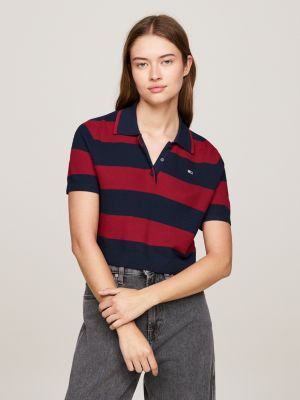 red cropped boxy polo met strepen voor dames - tommy jeans