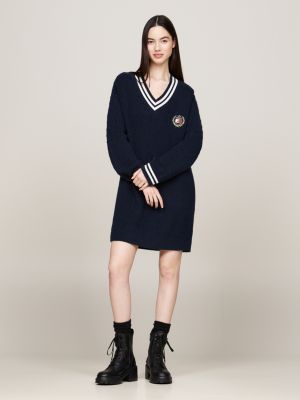 blue hilfiger prep sweaterjurk met v-hals voor dames - tommy jeans