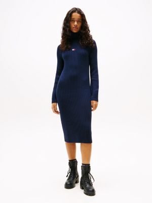 blue mini-sweaterjurk met opstaande hals voor dames - tommy jeans