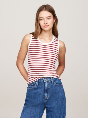 red ribbed breton stripe tank top for women tommy jeans