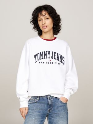 white varsity relaxed crew neck sweatshirt for women tommy jeans