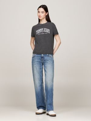 szary t-shirt z okrągłym dekoltem i logo dla kobiety - tommy jeans