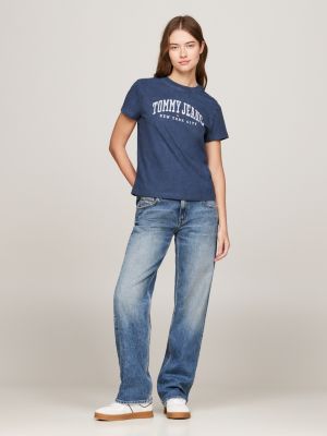 niebieski t-shirt z okrągłym dekoltem i logo dla kobiety - tommy jeans