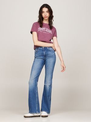 t-shirt varsity à logo et col ras-du-cou violet pour femmes tommy jeans