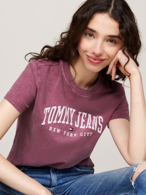 t-shirt varsity à logo et col ras-du-cou violet pour femmes tommy jeans