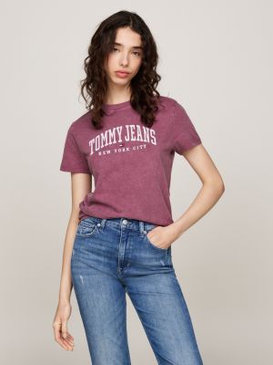 purple varsity t-shirt met logo en ronde hals voor dames - tommy jeans