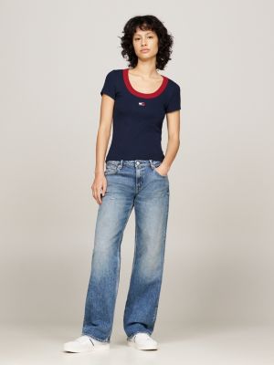 t-shirt con scollatura a contrasto blu da donne tommy jeans