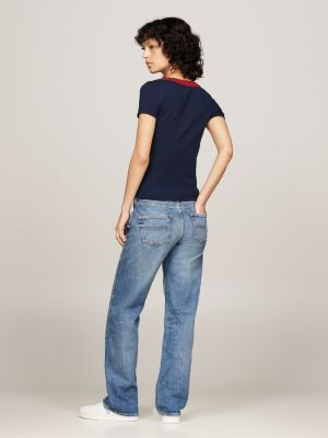 t-shirt con scollatura a contrasto blu da donne tommy jeans