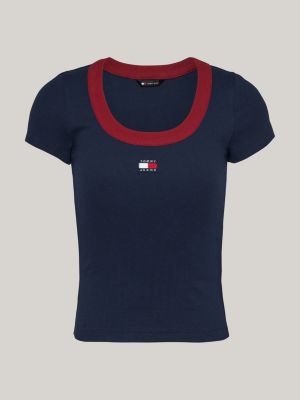 t-shirt à décolleté contrasté et badge tommy bleu pour femmes tommy jeans