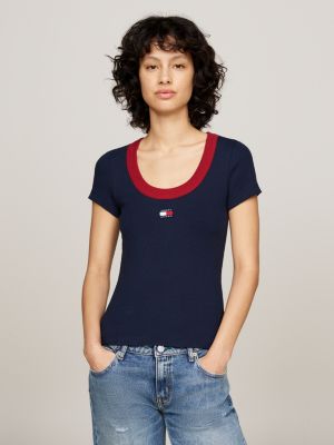 t-shirt à décolleté contrasté et badge tommy blue pour femmes tommy jeans