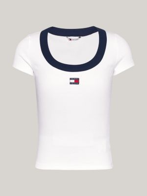 white tommy badge contrast scoop neck t-shirt for women tommy jeans