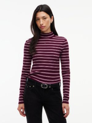 red slim mock neck long sleeve t-shirt for women tommy jeans