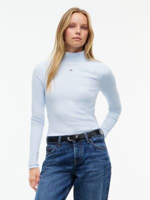blue slim fit langarmshirt mit mock neck für damen - tommy jeans