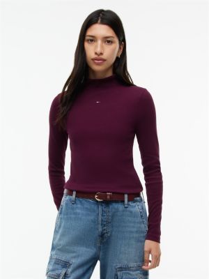 purple slim mock neck long sleeve t-shirt for women tommy jeans