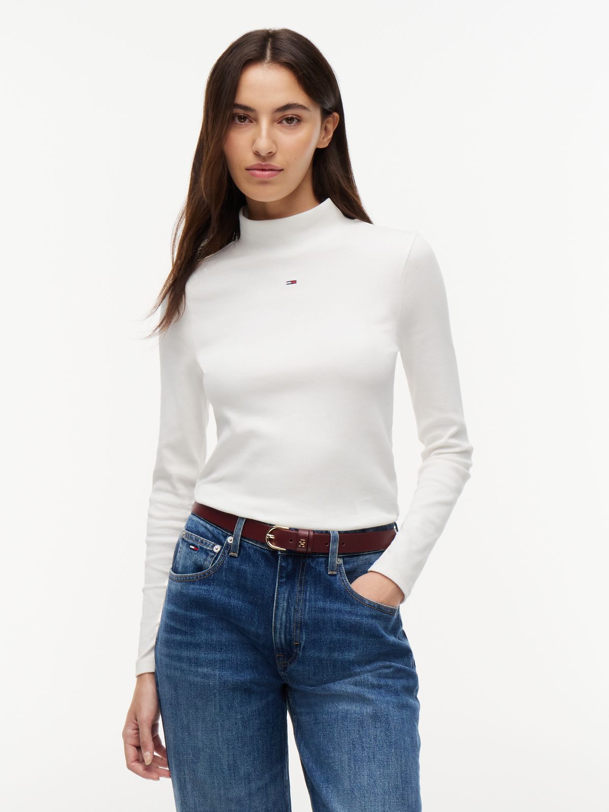Slim Mock Neck Long Sleeve T-Shirt — White