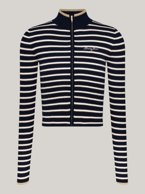 blue metallic stripe slim zip-thru cardigan for women tommy jeans