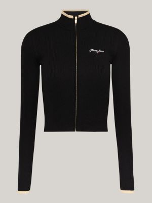 black metallic stripe slim zip-thru cardigan for women tommy jeans