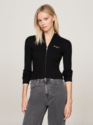 black metallic stripe slim zip-thru cardigan for women tommy jeans