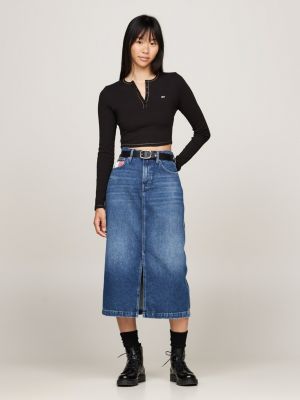 t-shirt ajusté manches longues à col henley noir pour femmes tommy jeans